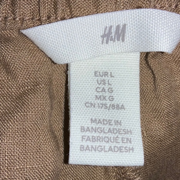 H&M tan linen straight leg elastic waist pants Sz L pockets drawstring - Picture 7 of 8